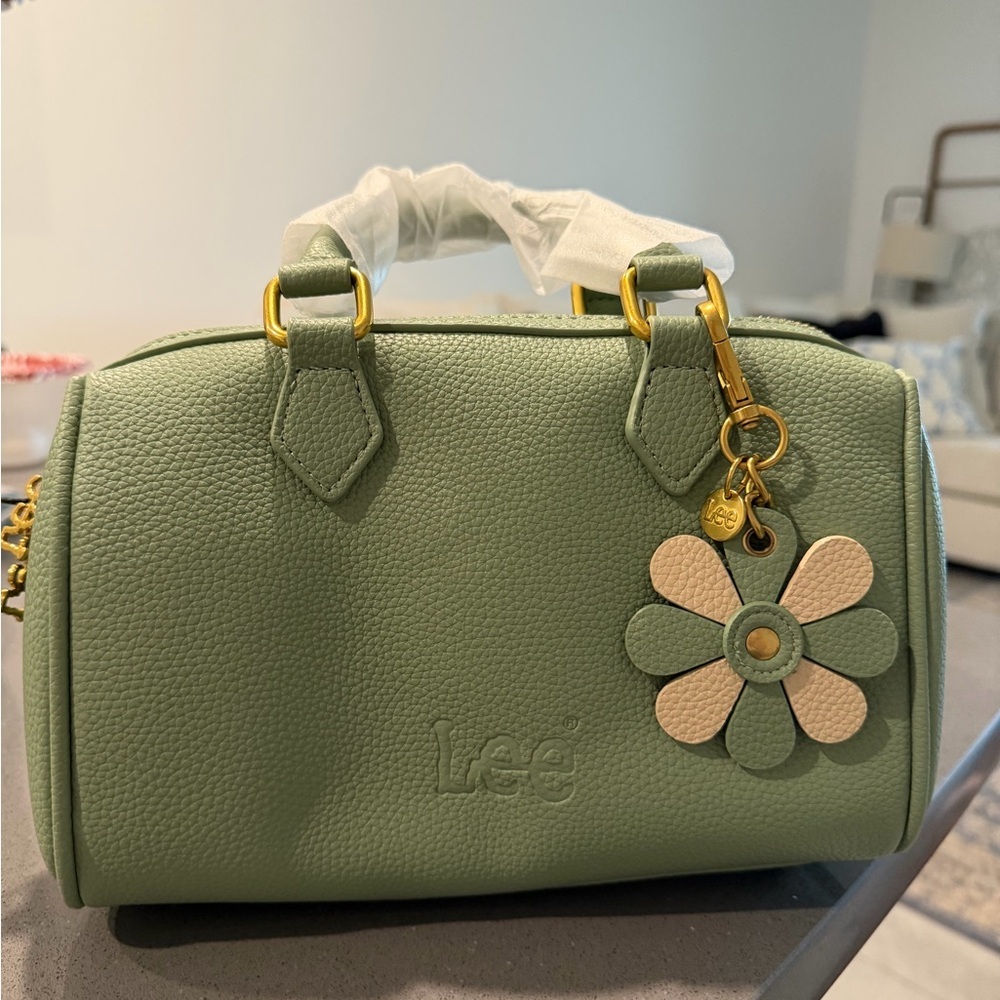 Lee Sage Green Pebbled Satchel with Floral Charm